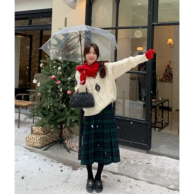 Wenkouban 2000s fashion Christmas outfits Plaid Pleated Skirt Women's Winter New High Waist A- line Skirt