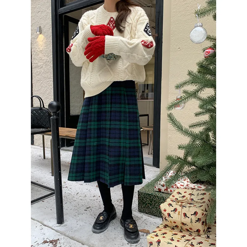 Wenkouban 2000s fashion Christmas outfits Plaid Pleated Skirt Women's Winter New High Waist A- line Skirt