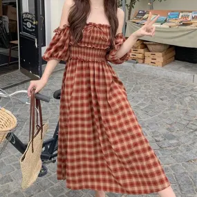 Wenkouban autumn dress Retro Contrast Color Plaid Stitching Wooden Ear Square Collar Puff Sleeve Dress Women's 2024 Western Style Dress