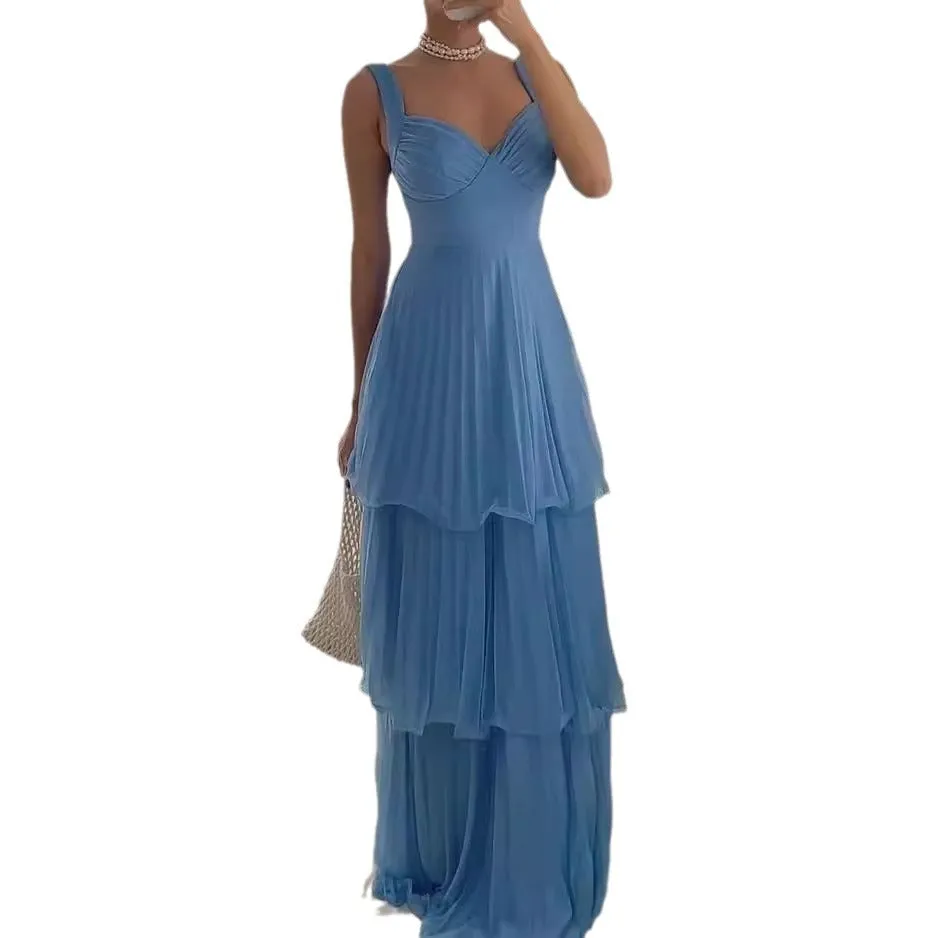 Wenkouban blue dress Fashion Elegant Dress 2024 Summer Sexy Sleeveless Multi-Layer Pleated Solid Color Dress