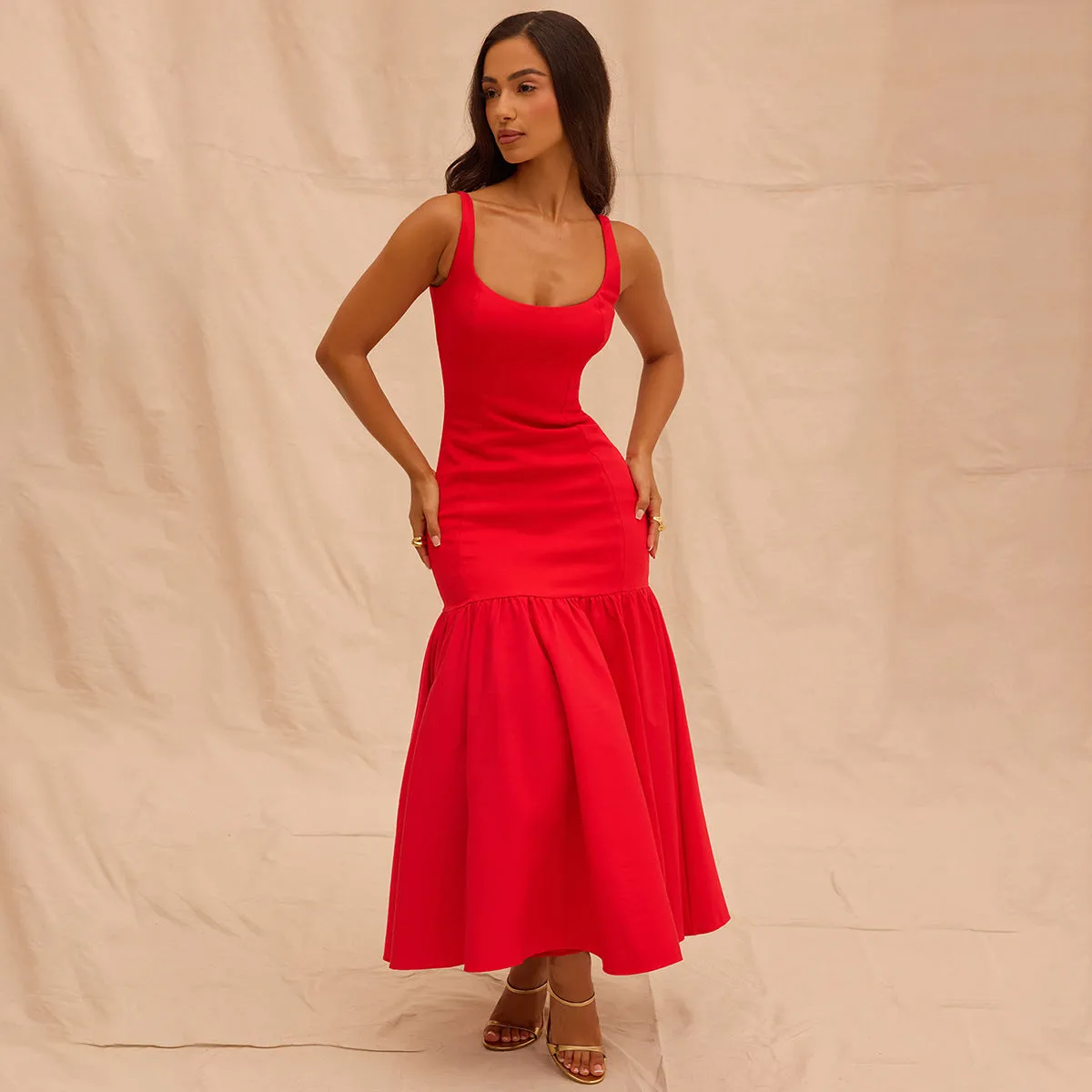 Wenkouban dress Women's Sexy Dress Red Suspender Skirt Spring Dress Sexy Slim-Fit Sheath Midi Dress