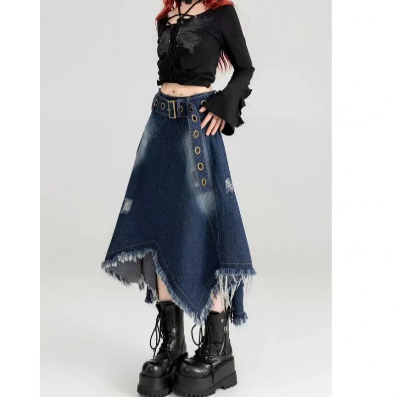 Wenkouban grunge outfits New Style Belt Cool Chic Irregular Denim Skirt Spring and Summer Design Slimming Frayed Fringe Long Skirt