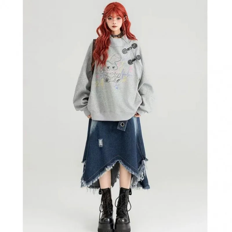 Wenkouban grunge outfits New Style Belt Cool Chic Irregular Denim Skirt Spring and Summer Design Slimming Frayed Fringe Long Skirt