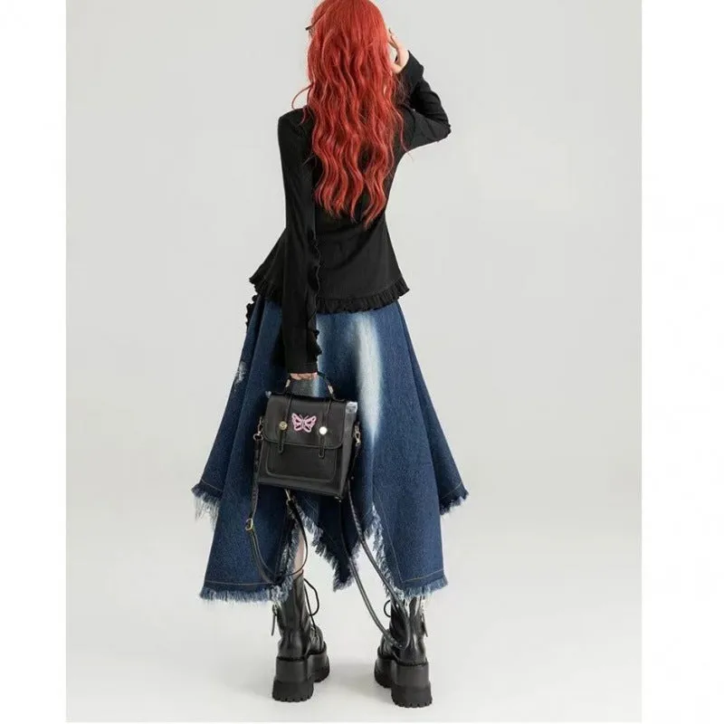 Wenkouban grunge outfits New Style Belt Cool Chic Irregular Denim Skirt Spring and Summer Design Slimming Frayed Fringe Long Skirt