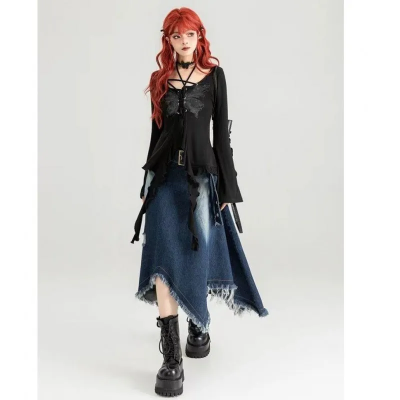 Wenkouban grunge outfits New Style Belt Cool Chic Irregular Denim Skirt Spring and Summer Design Slimming Frayed Fringe Long Skirt