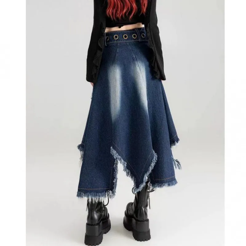 Wenkouban grunge outfits New Style Belt Cool Chic Irregular Denim Skirt Spring and Summer Design Slimming Frayed Fringe Long Skirt