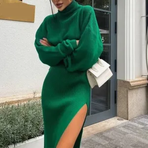 Wenkouban Knit Women's Turtleneck Sweater Midi Skirt Set 2022 Winter Loose Long Sleeve Pullovers Side Split Skirts Sets Ladies Sexy Suit