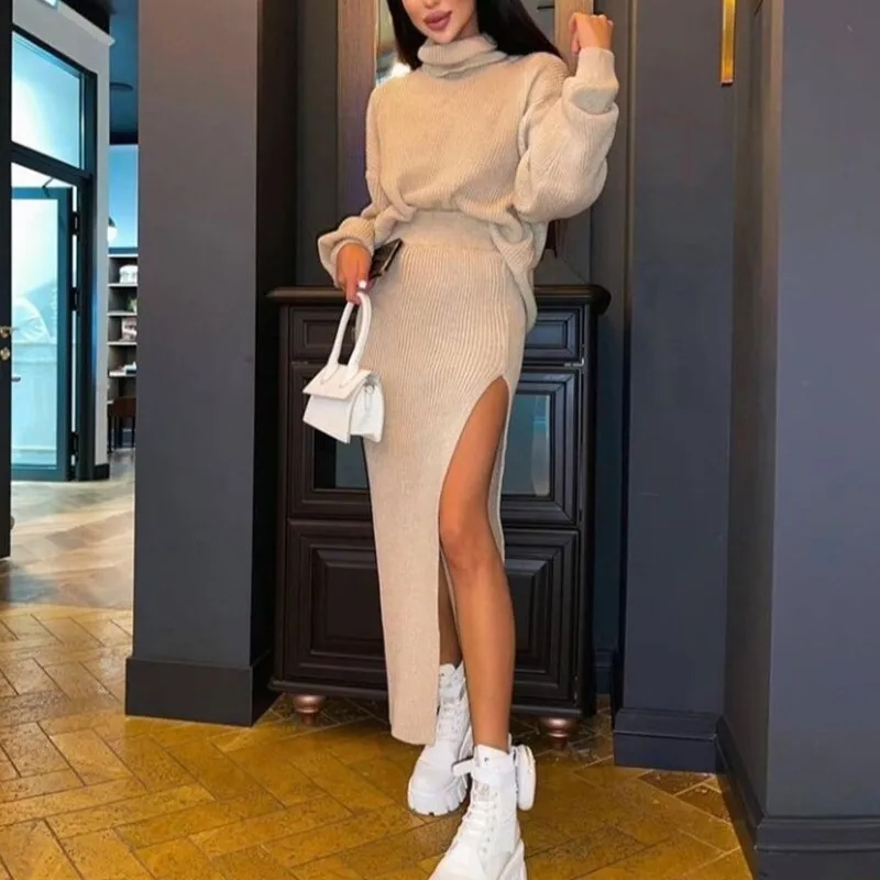 Wenkouban Knitted Sweater Skirt Two Pieces Set Women Autumn Winter 2022 Long Sleeve Pullover Sexy Side Split Midi Skirts Suit