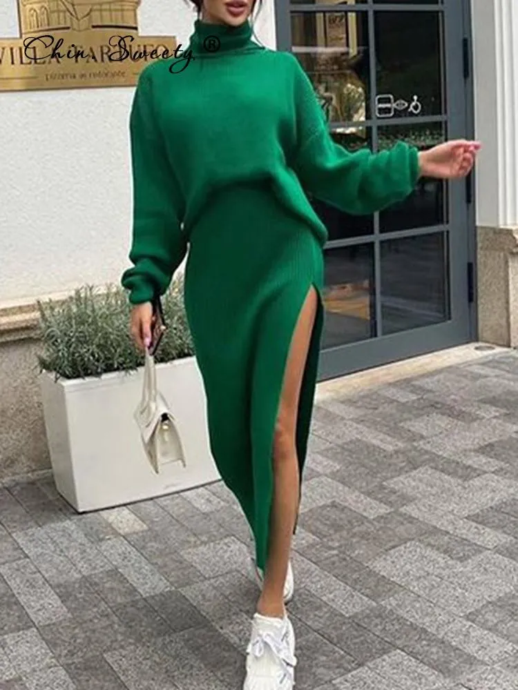 Wenkouban Knitted Sweater Skirt Two Pieces Set Women Autumn Winter 2022 Long Sleeve Pullover Sexy Side Split Midi Skirts Suit