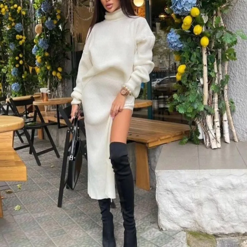 Wenkouban Knitted Sweater Skirt Two Pieces Set Women Autumn Winter 2022 Long Sleeve Pullover Sexy Side Split Midi Skirts Suit