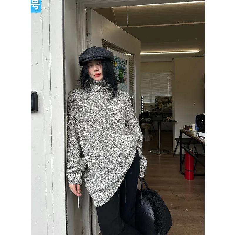 Wenkouban midi skirt outfit fall Christmas Thanksgiving outfits Winter Lazy Loose Simple Retro All-Match Turtleneck Thick Warm Sweater