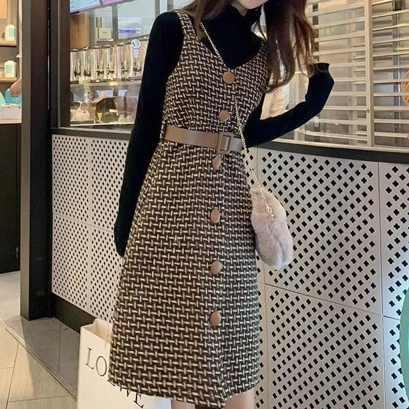 Wenkouban outfit inspo Korean Style Dress Set Women Autumn Winter Solid Base Sweater and Sleeveless Knee-Length Plaid Tweed Dresses