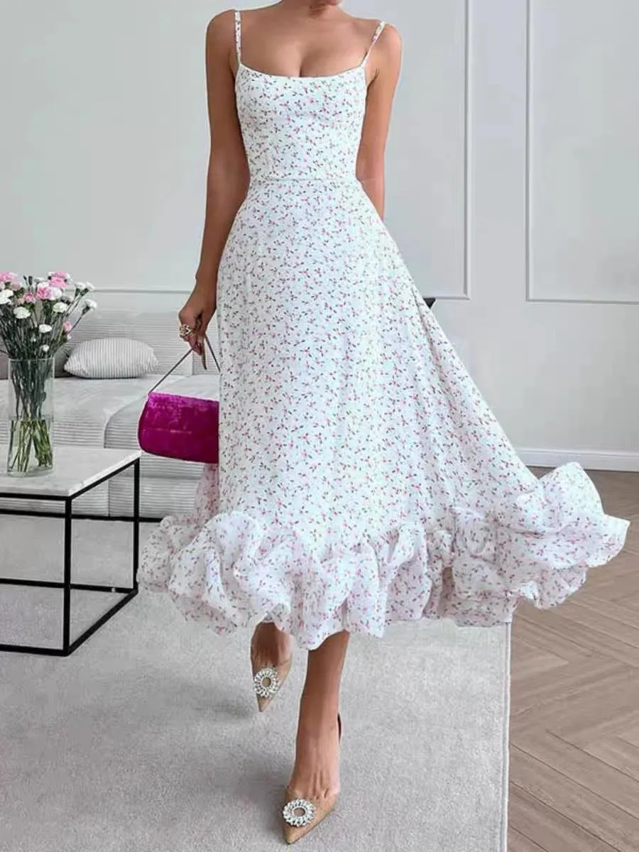 Wenkouban white dress Fashion Sling Large Swing Three-Dimensional Flower A- line Skirt Hot New