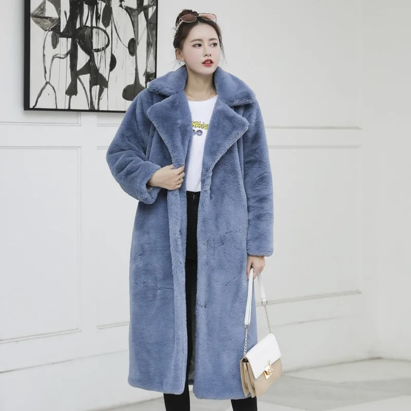 Wenkouban Winter Women High Quality Faux Rabbit Fur Coat Luxury Long Fur Coat Loose Lapel OverCoat Thick Warm Plus Size Female Plush Coats