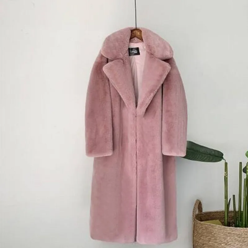 Wenkouban Winter Women High Quality Faux Rabbit Fur Coat Luxury Long Fur Coat Loose Lapel OverCoat Thick Warm Plus Size Female Plush Coats