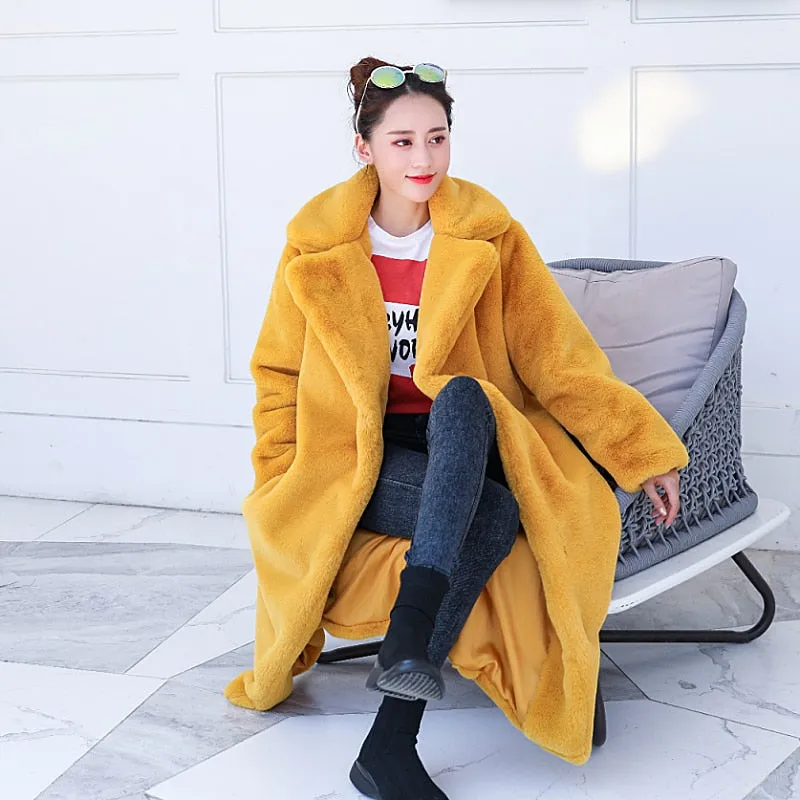 Wenkouban Winter Women High Quality Faux Rabbit Fur Coat Luxury Long Fur Coat Loose Lapel OverCoat Thick Warm Plus Size Female Plush Coats