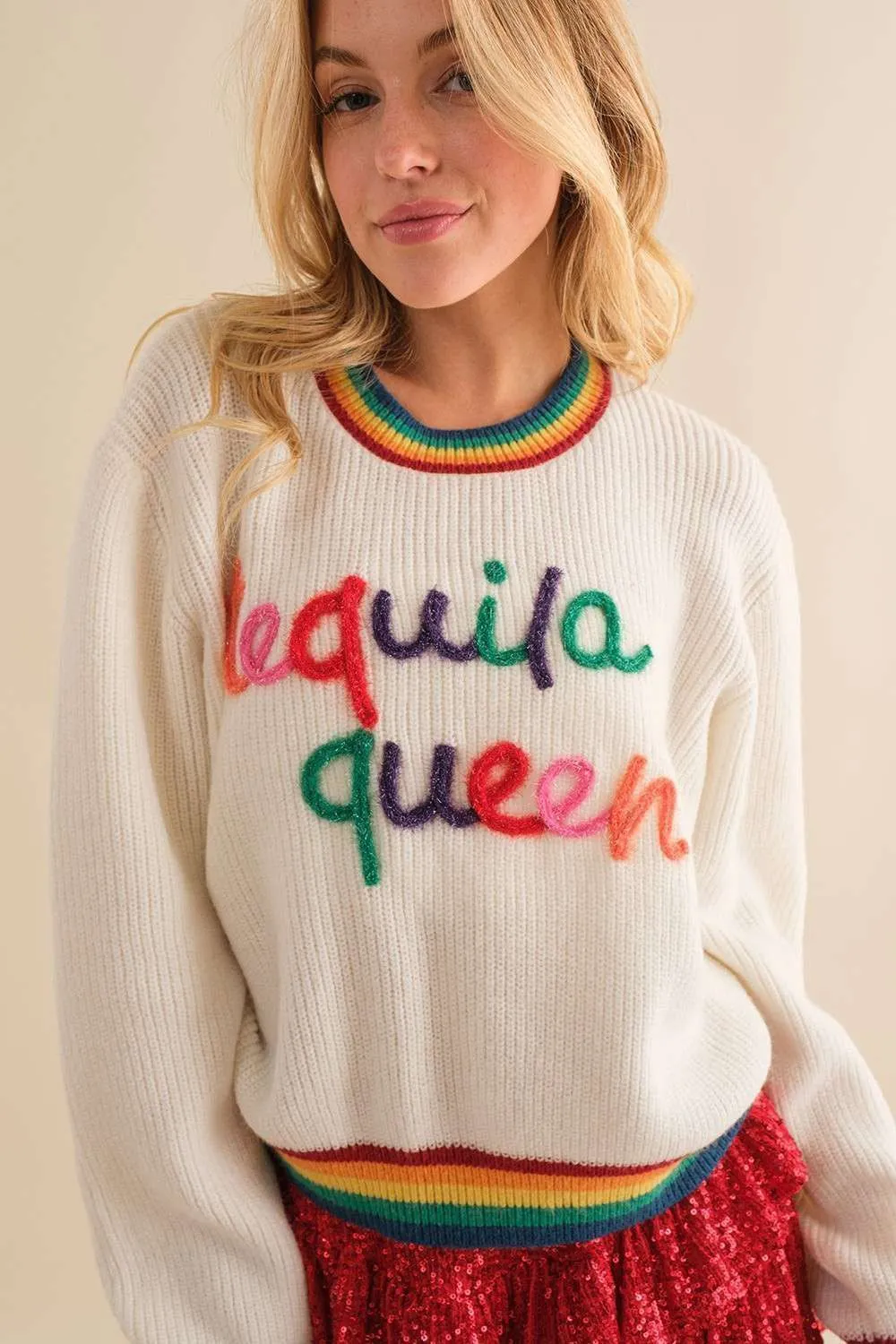 White Tequila Queen Sparkle letter Rainbow rib Sweater