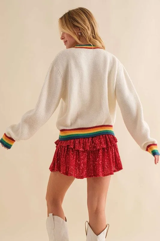 White Tequila Queen Sparkle letter Rainbow rib Sweater