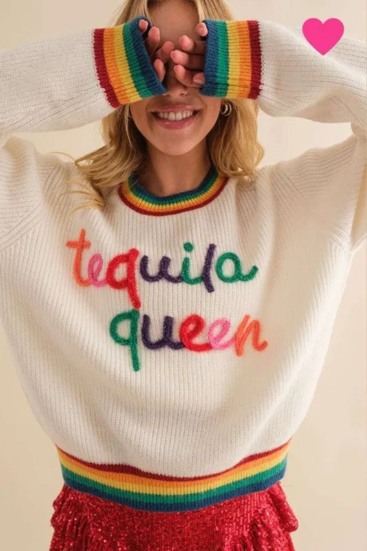 White Tequila Queen Sparkle letter Rainbow rib Sweater