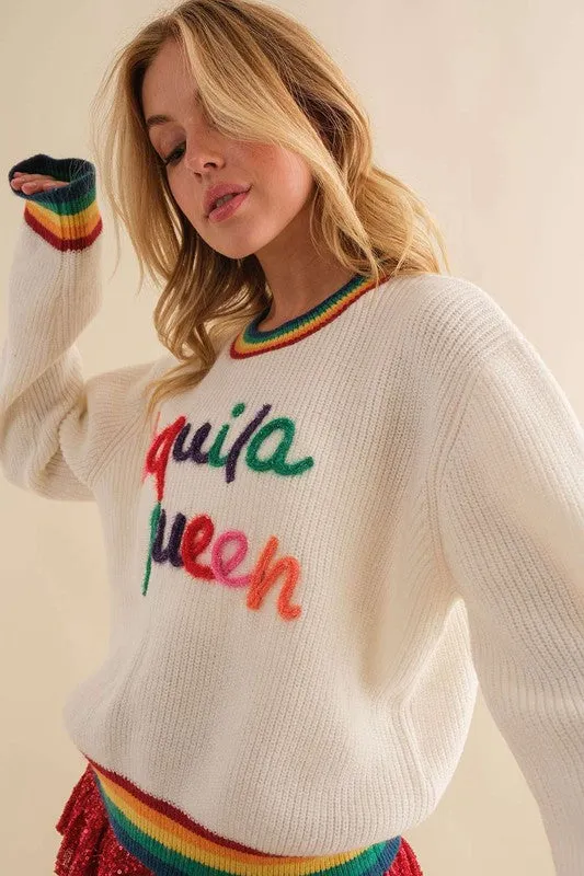 White Tequila Queen Sparkle letter Rainbow rib Sweater