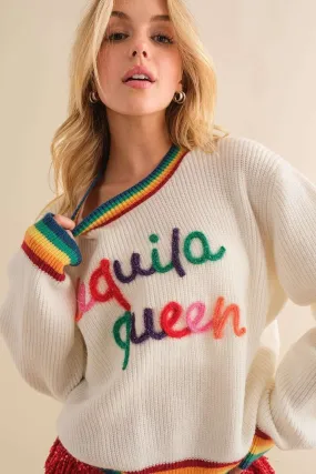 White Tequila Queen Sparkle letter Rainbow rib Sweater