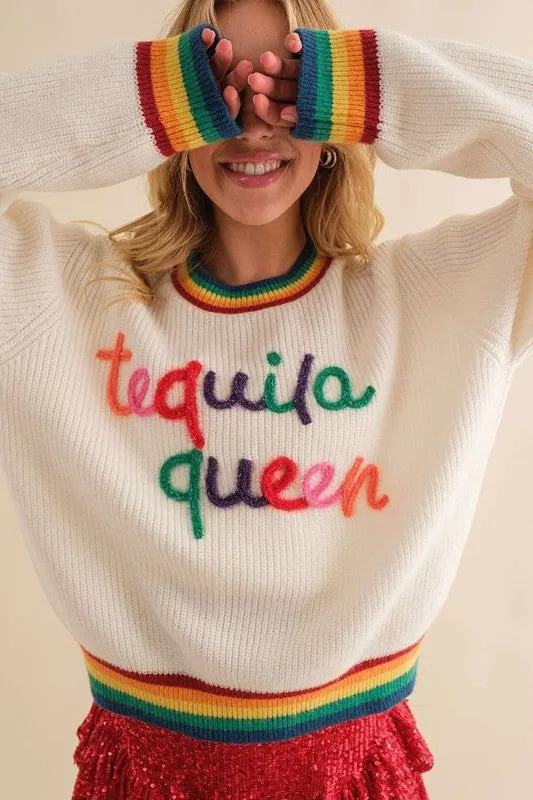 White Tequila Queen Sparkle letter Rainbow rib Sweater