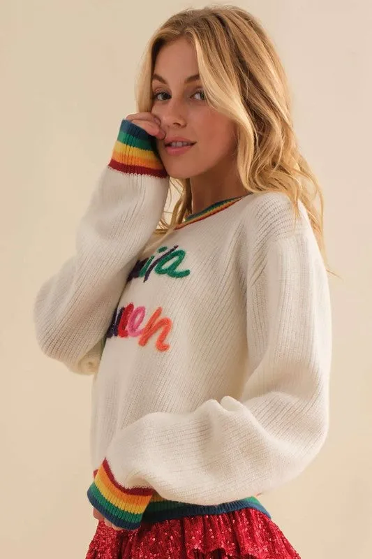 White Tequila Queen Sparkle letter Rainbow rib Sweater