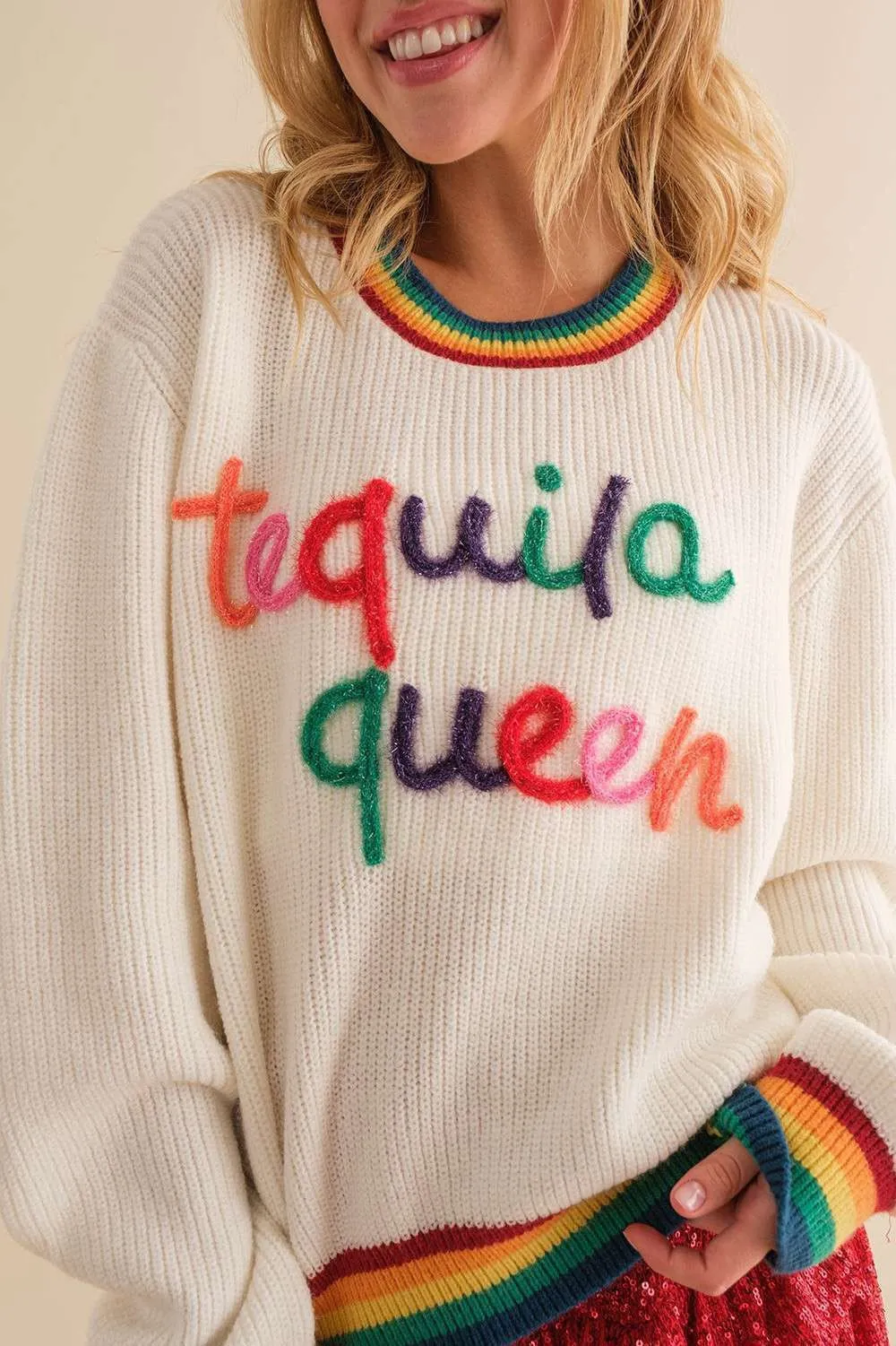 White Tequila Queen Sparkle letter Rainbow rib Sweater