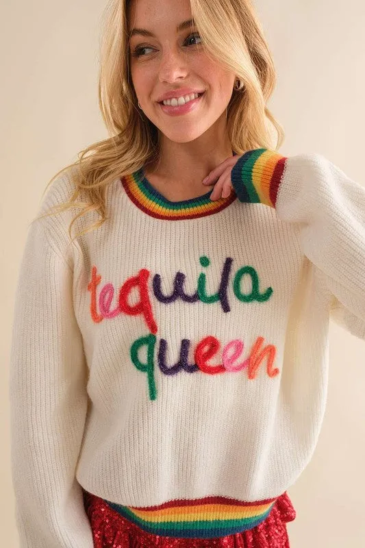 White Tequila Queen Sparkle letter Rainbow rib Sweater