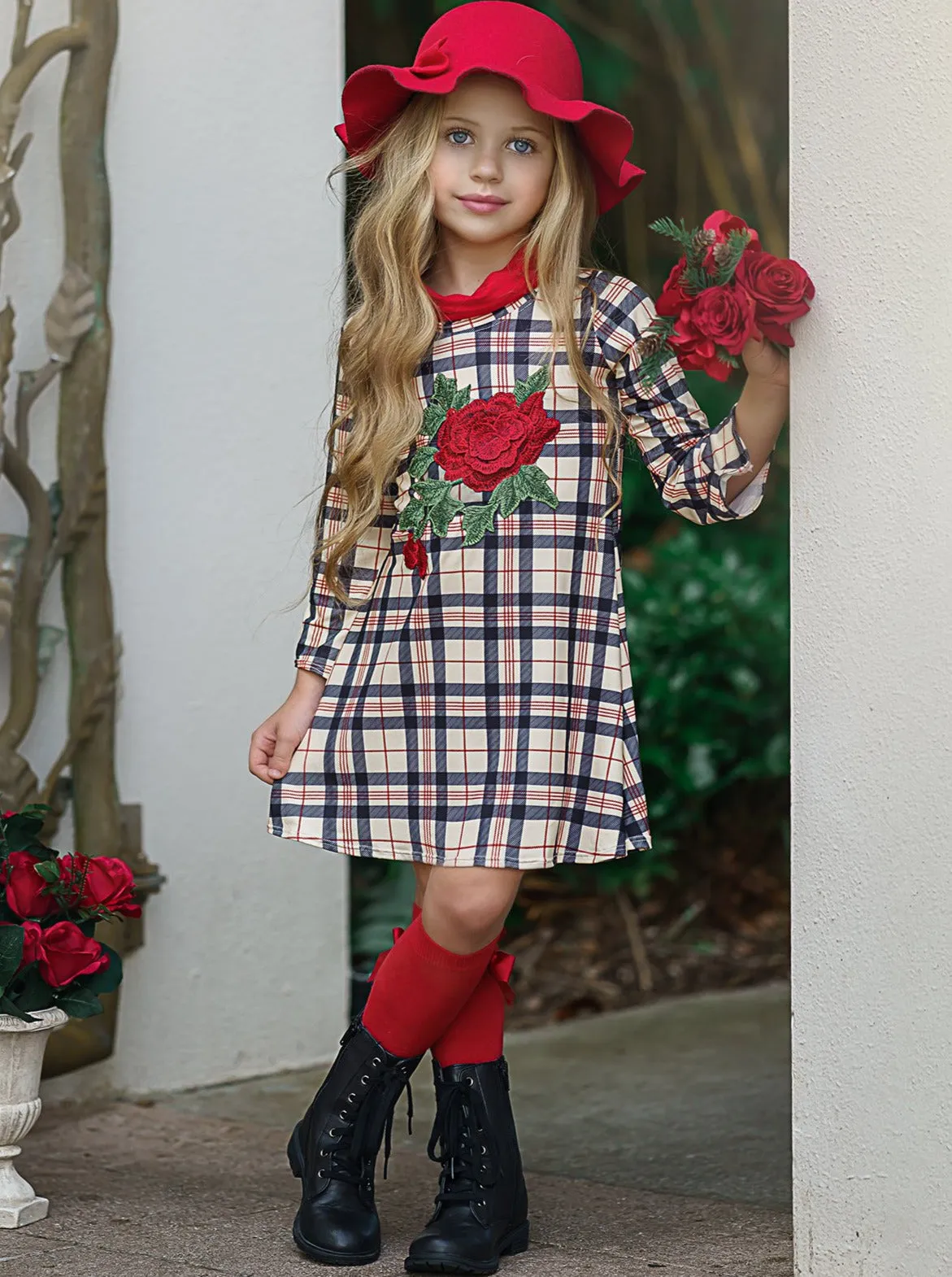 Winter Rose Plaid Turtleneck Dress