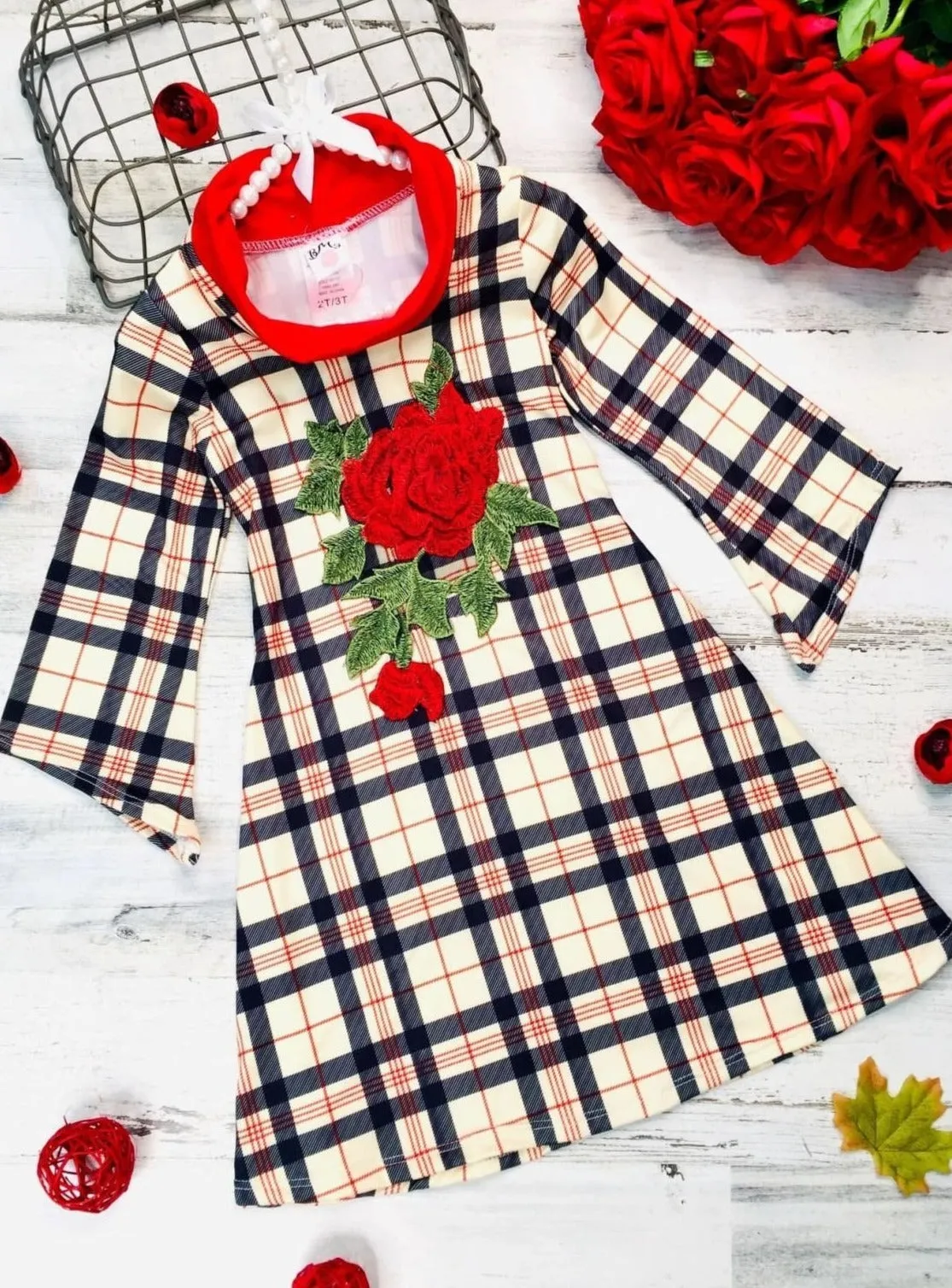 Winter Rose Plaid Turtleneck Dress