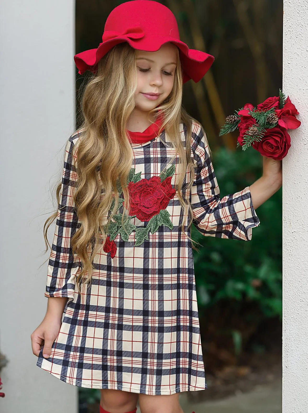 Winter Rose Plaid Turtleneck Dress