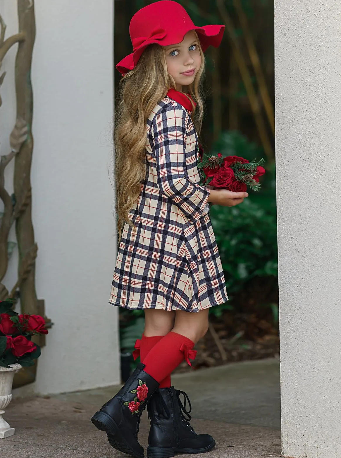 Winter Rose Plaid Turtleneck Dress