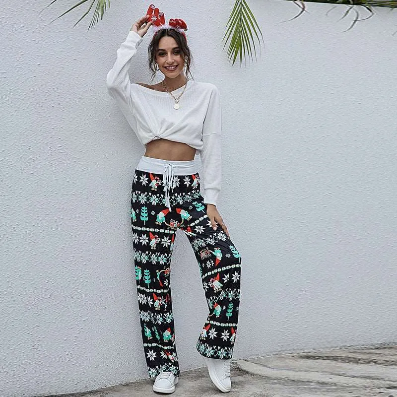 Women Casual Drawstring Trousers With Christmas Snowflake Tree Elk Print