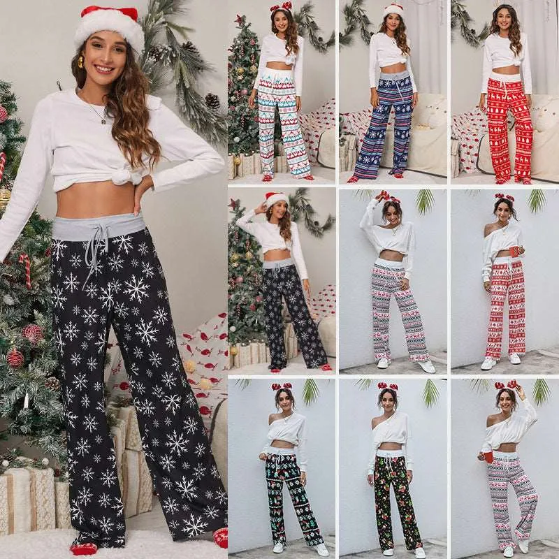 Women Casual Drawstring Trousers With Christmas Snowflake Tree Elk Print