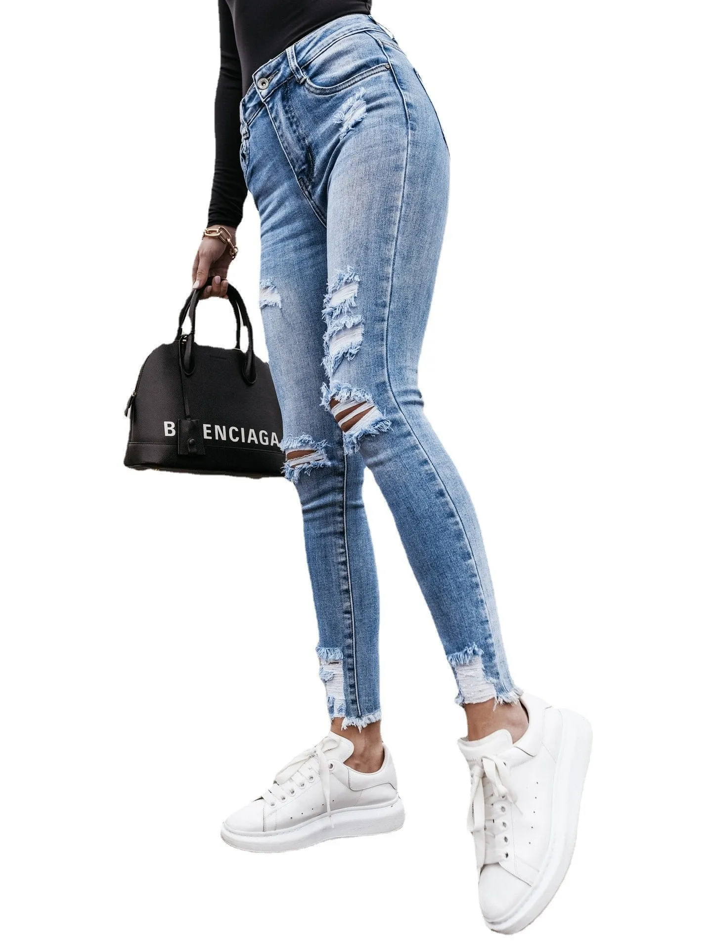 Women High Waist Skinny Stretch Ripped Destroyed Denim Pants