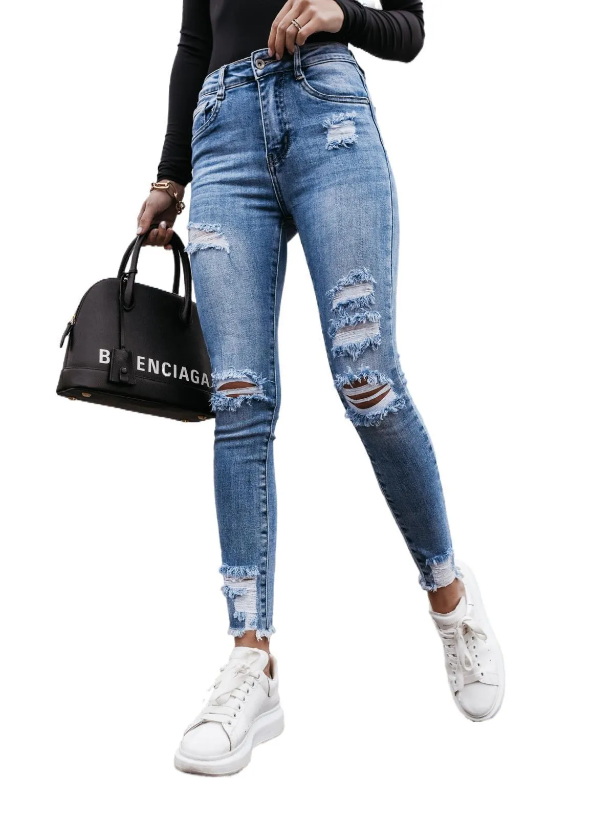 Women High Waist Skinny Stretch Ripped Destroyed Denim Pants