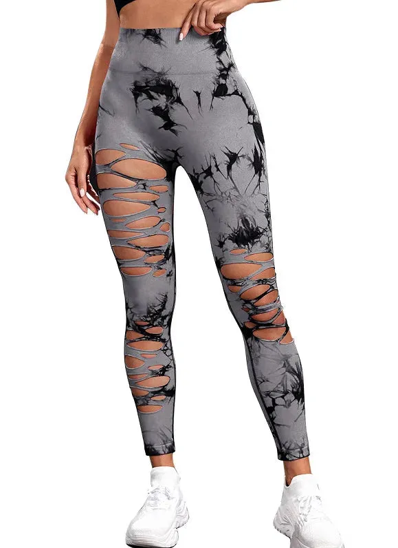 Women Tie Dye Hollow Out Leggings Sports Pants Fitness Sportswear Sexy High Waisted Push Up Gym Tights Red Running Leggings