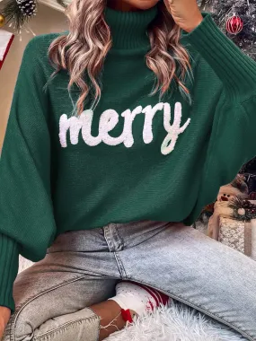 Womens Green Merry Embroidered Turtleneck Sweater