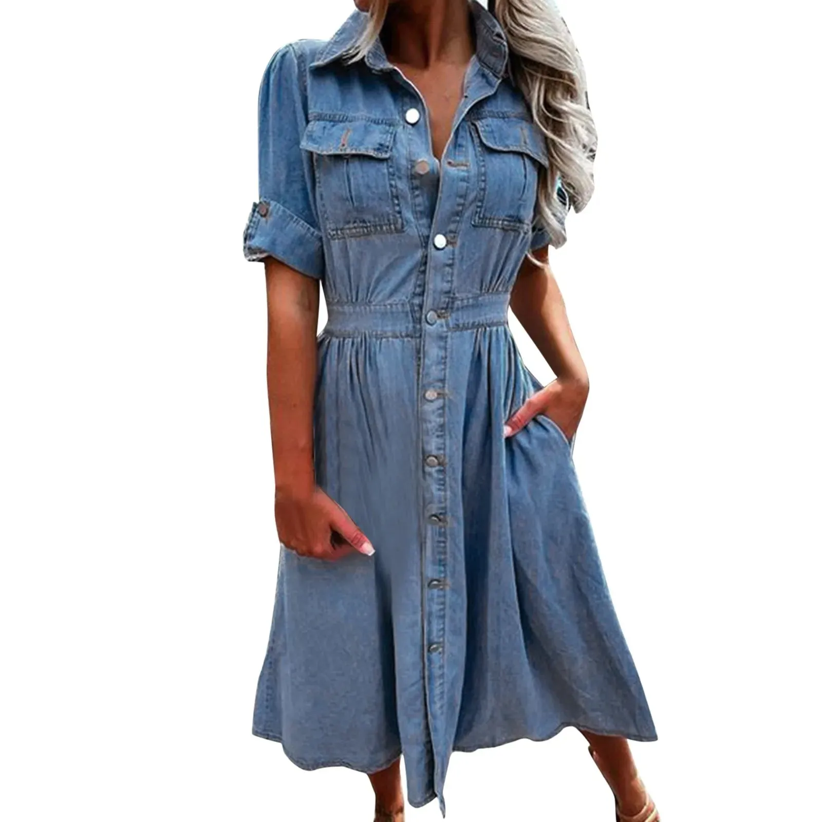 Women's Multi Pocket Skirt Summer Short Sleeve Denim Vestidos Para Mujer Midi Dress