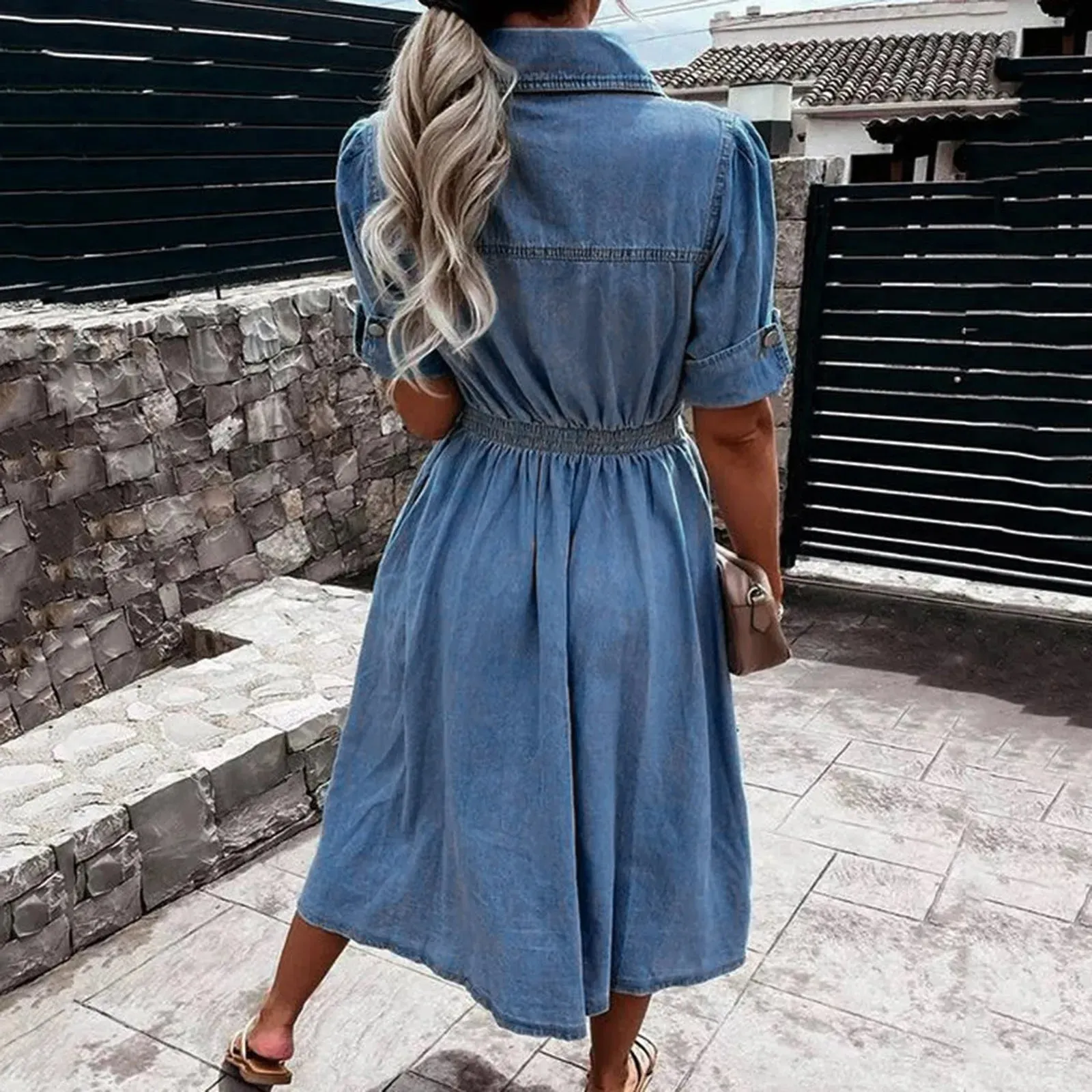 Women's Multi Pocket Skirt Summer Short Sleeve Denim Vestidos Para Mujer Midi Dress