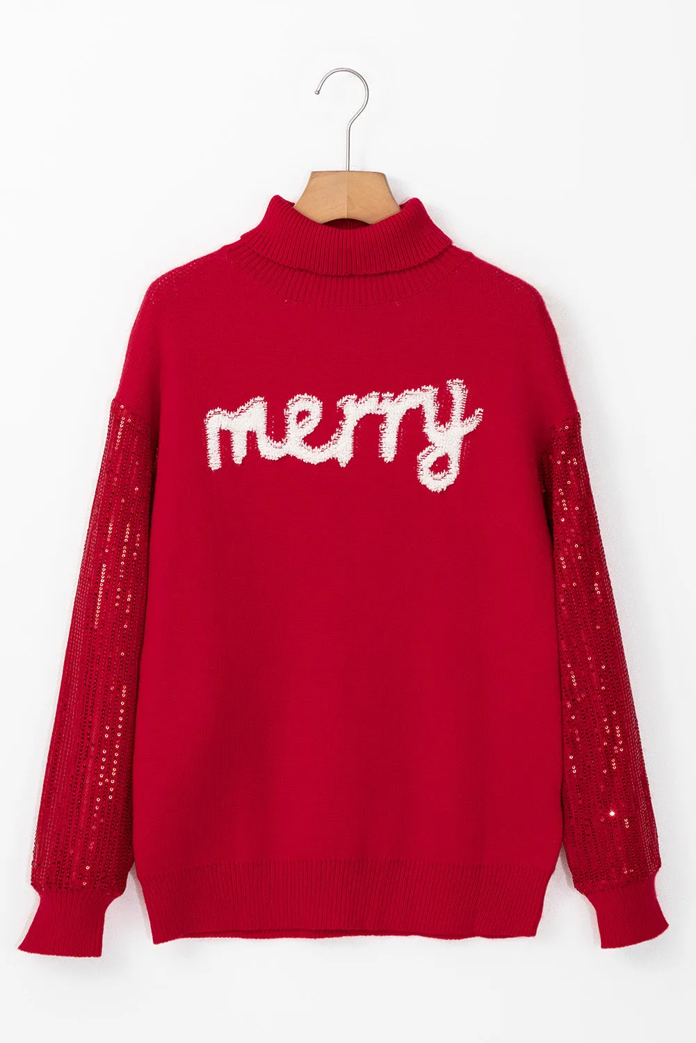 Womens Radiant Red "Merry" Sequin Sleeve Turtleneck Holiday Sweater