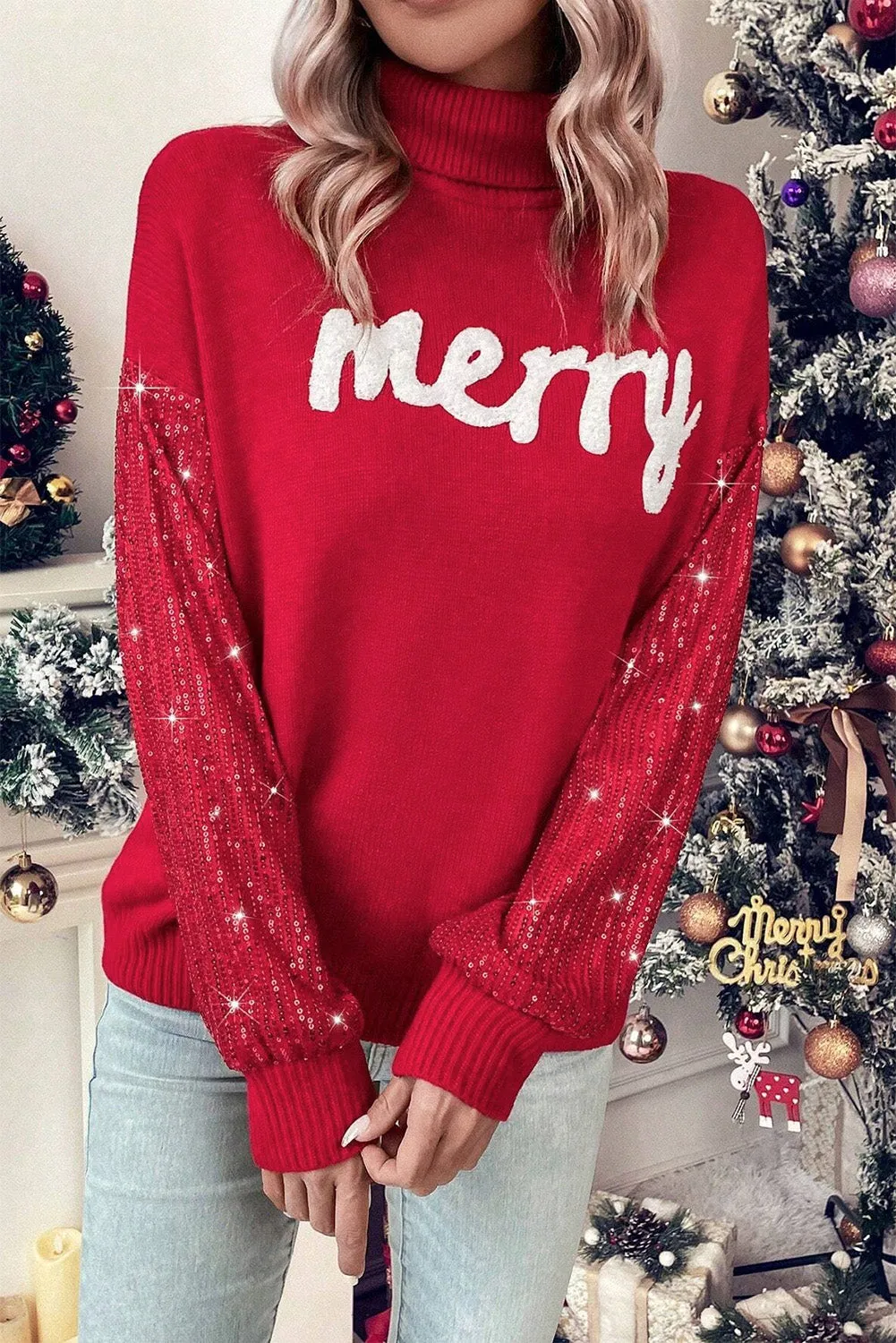 Womens Radiant Red "Merry" Sequin Sleeve Turtleneck Holiday Sweater