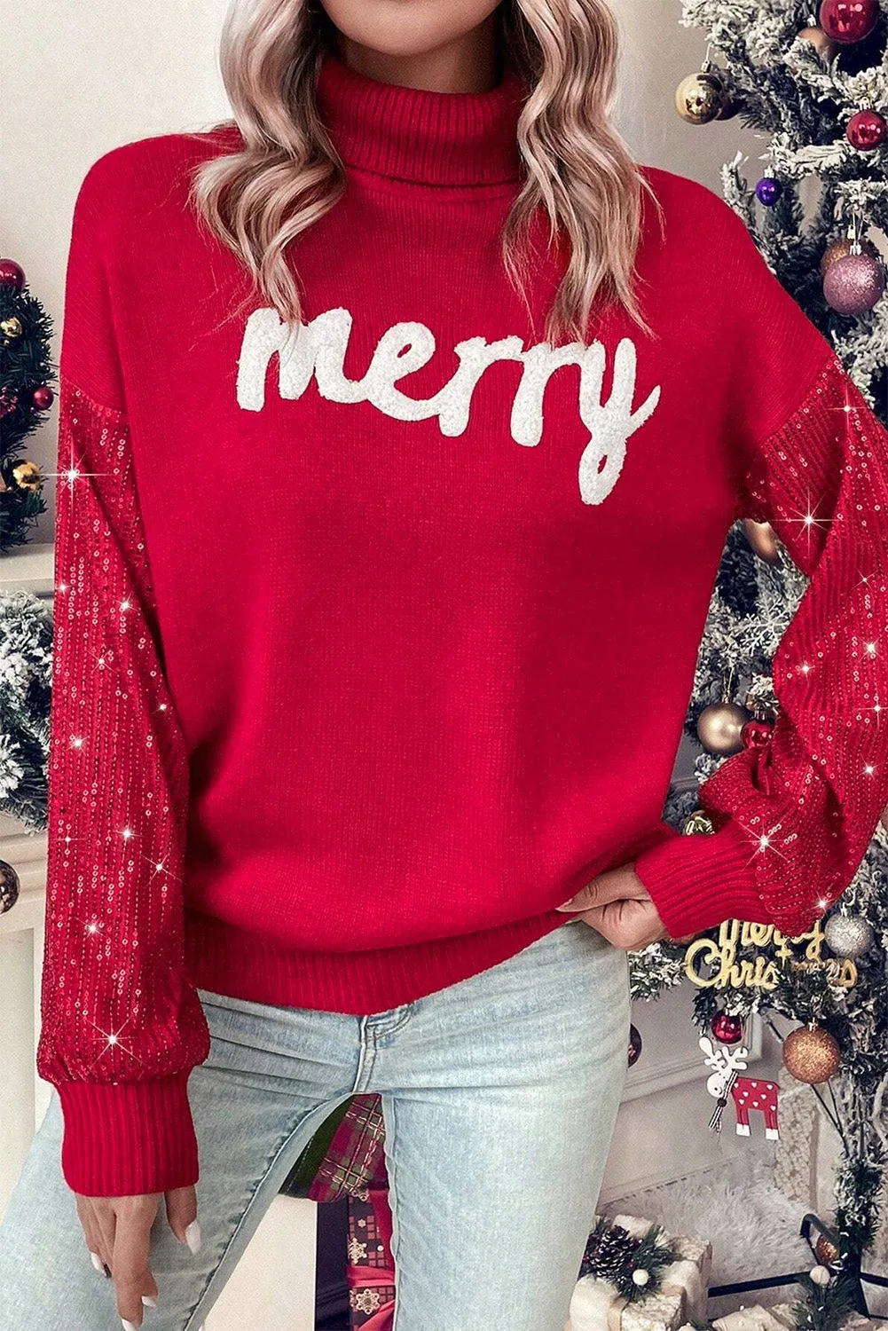 Womens Radiant Red "Merry" Sequin Sleeve Turtleneck Holiday Sweater