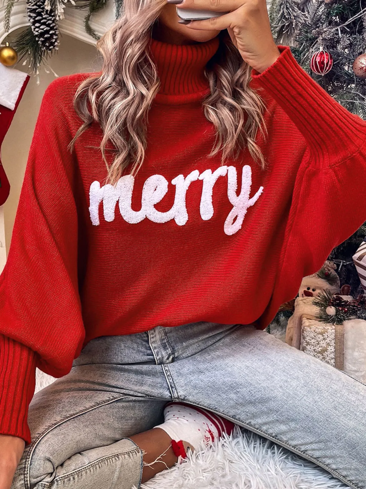 Womens Red Merry Letter Embroidered High Neck Sweater