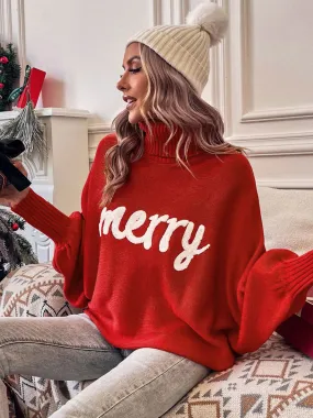 Womens Red Merry Letter Embroidered High Neck Sweater