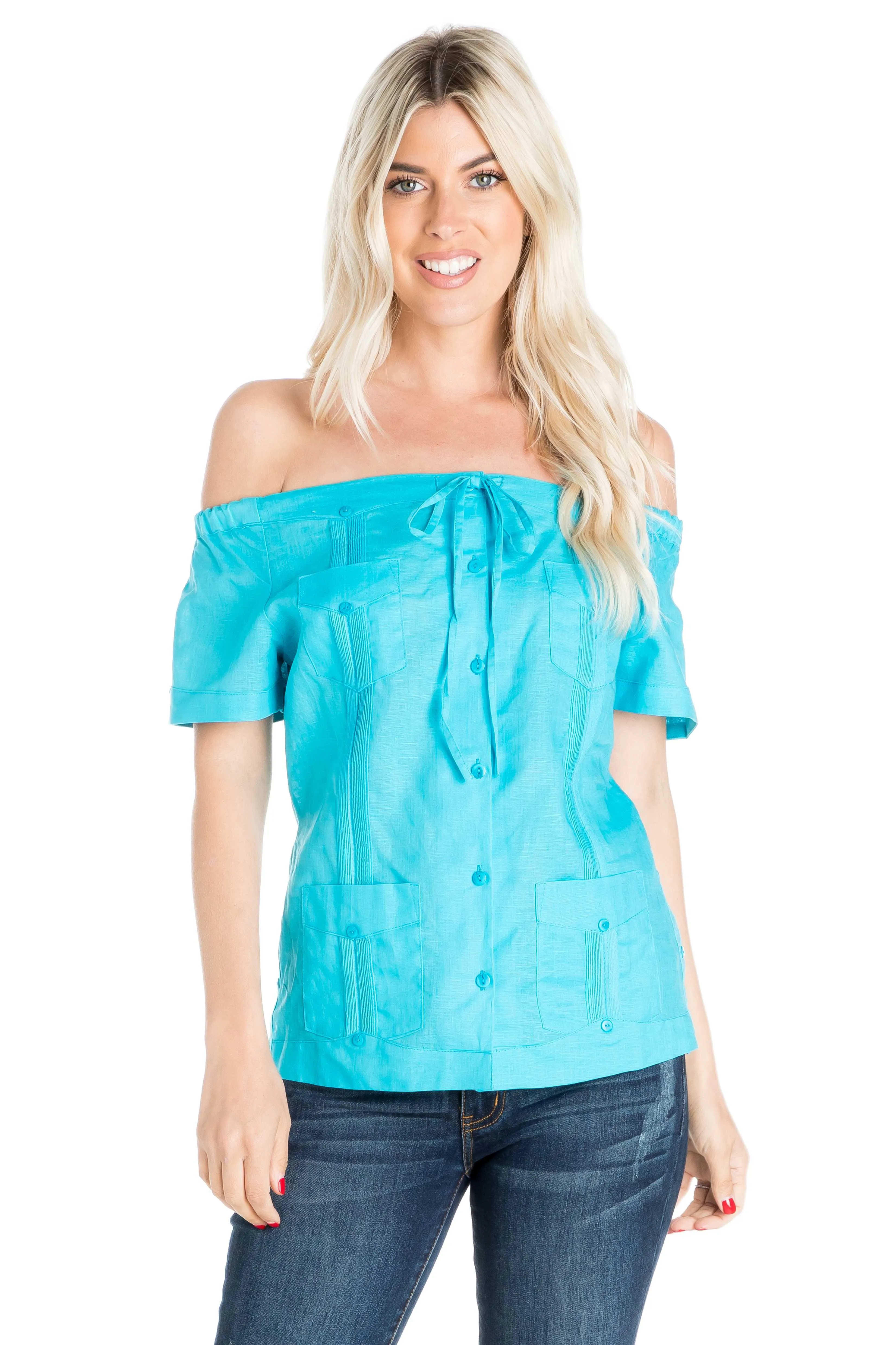 Women's Sexy Guayabera Off-Shoulder Top Button Down Linen Blend S-2X