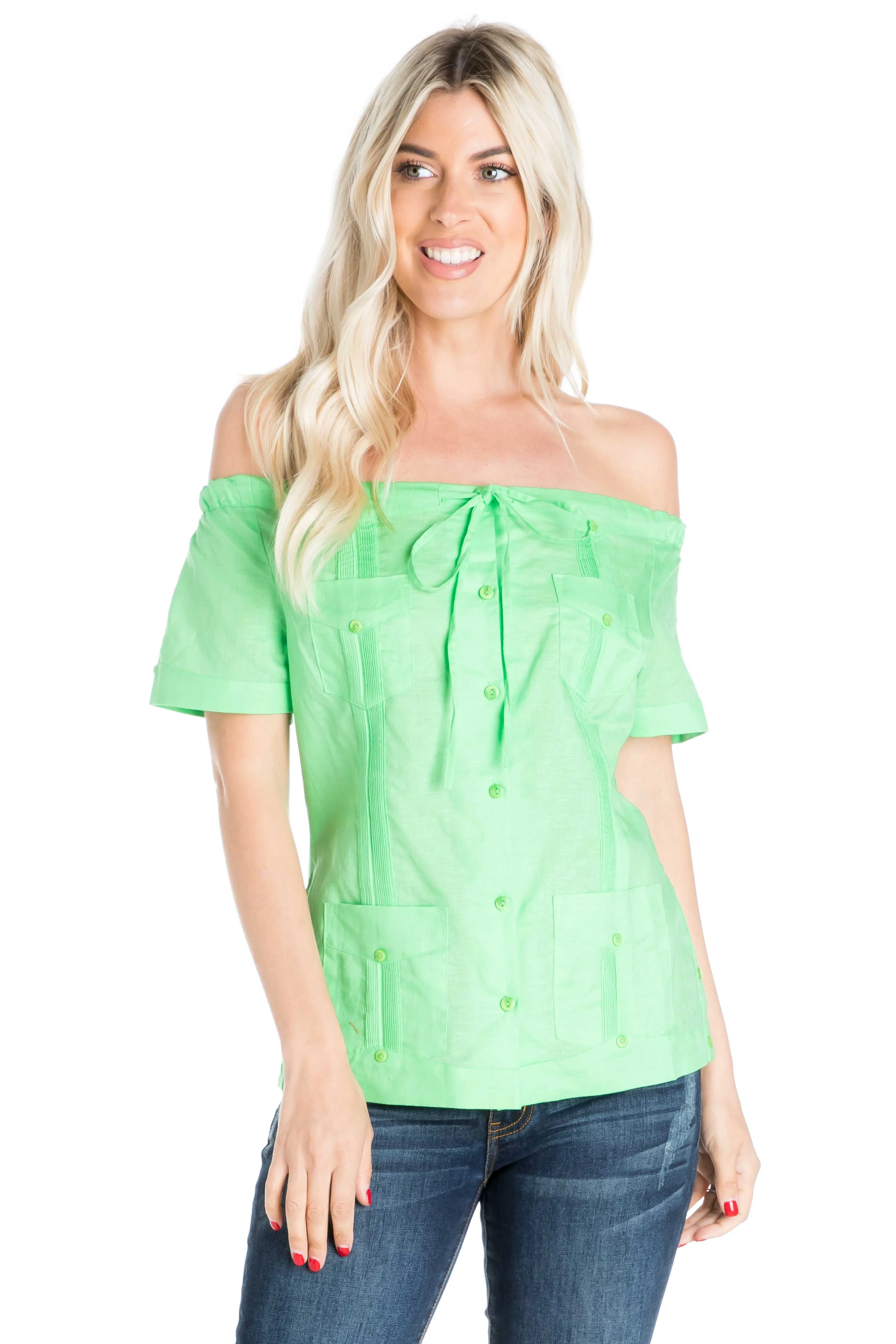 Women's Sexy Guayabera Off-Shoulder Top Button Down Linen Blend S-2X