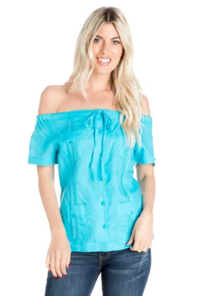 Women's Sexy Guayabera Off-Shoulder Top Button Down Linen Blend S-2X