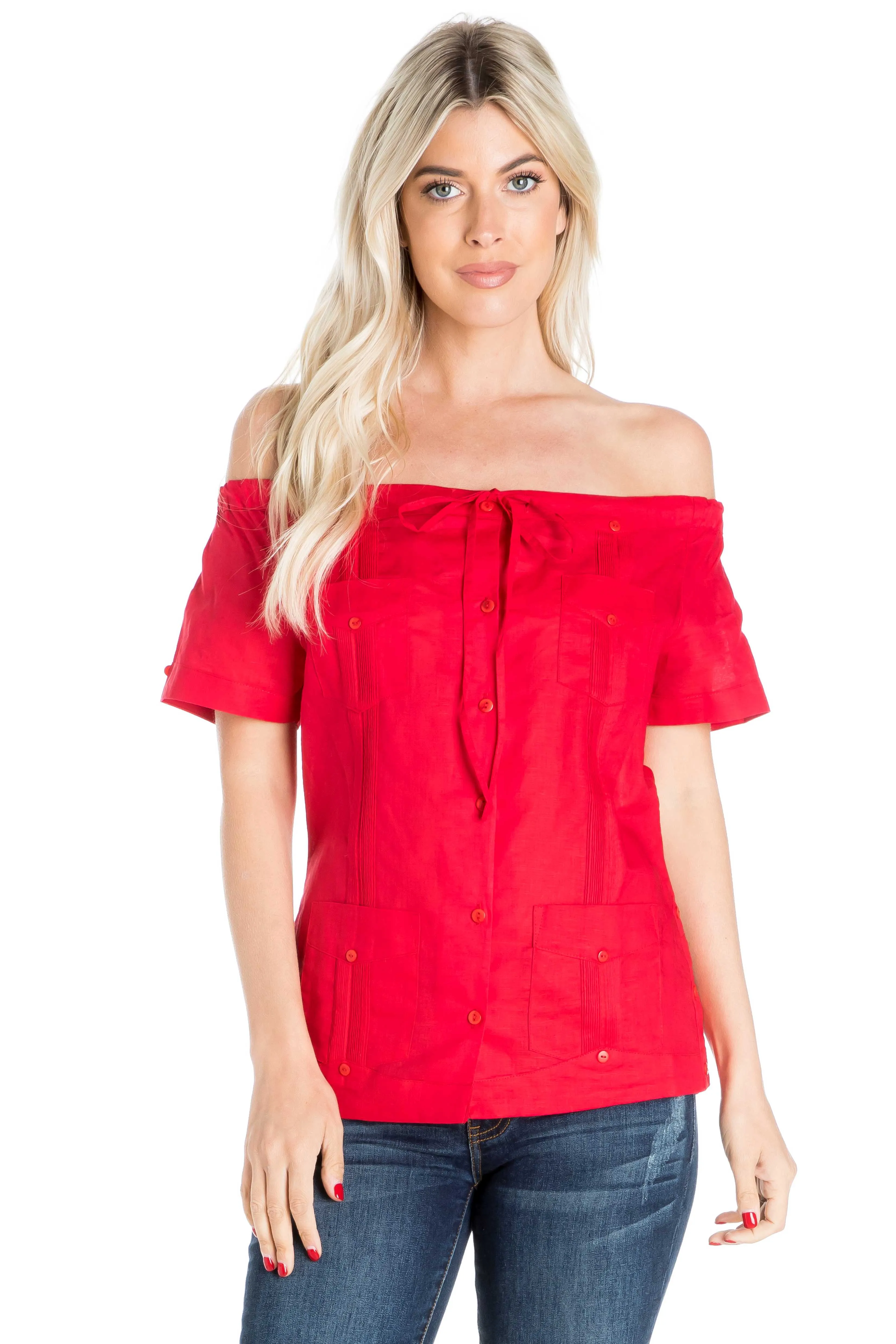 Women's Sexy Guayabera Off-Shoulder Top Button Down Linen Blend S-2X